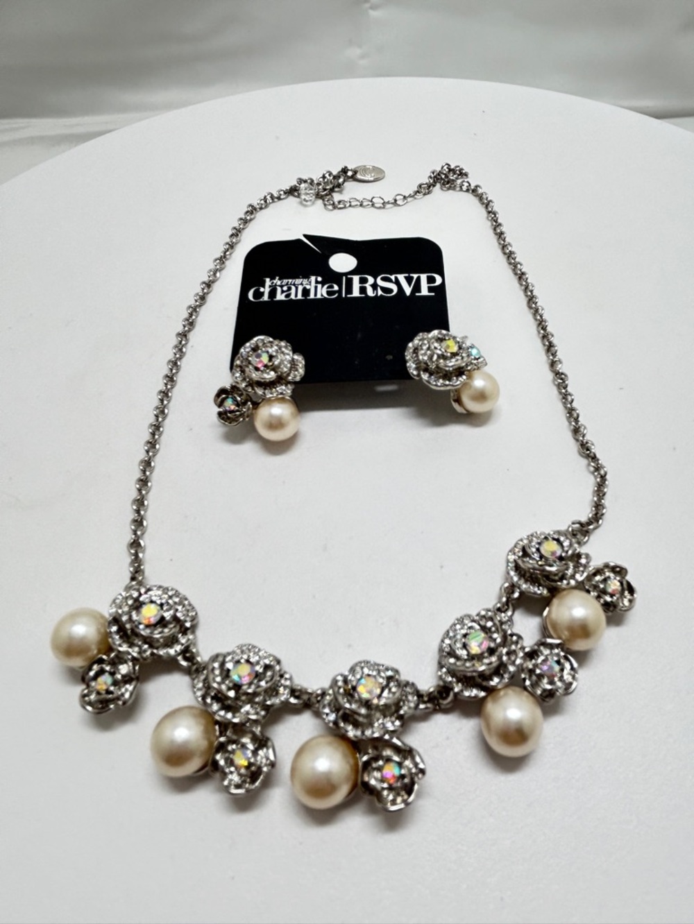 Charming Charlie, Silver, Crystal & Bridal Ivory Pearl Necklace Earring, NWT